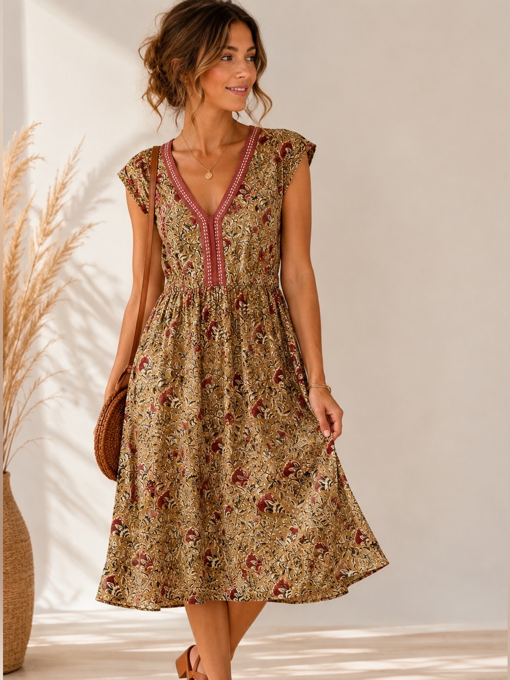 Mata Traders Floral Print Midi Dress Size S Boho Cottagecore India Fair Trade